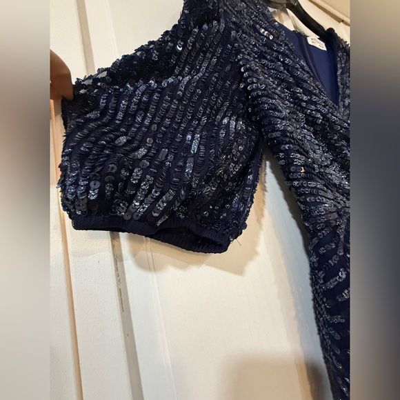 NWT|Mac Duggal Midnight Navy Sequined V-Neck Short Puff Sleeve Midi Dress Size 8 - Picture 4 of 9